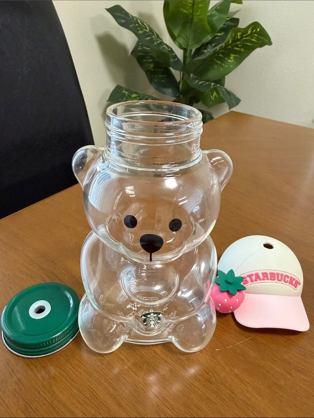 Starbucks Clear Glass Bear cup with Pink & White Cap